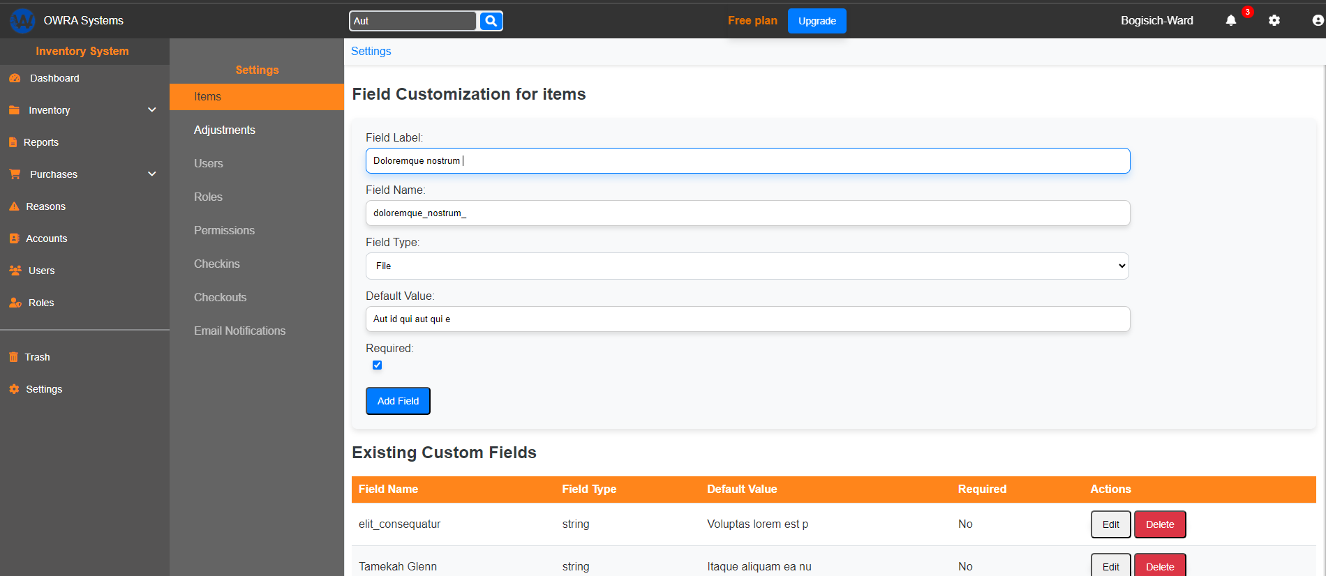 Inventory System Screenshot